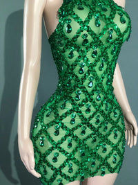 Sparkly Rhinestones Short Dress for Women Sexy Mesh Transparent Celebrate Evening Prom Event Birthday Dress Photo Shoot Wear