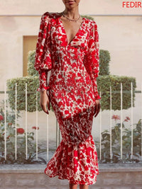 New In Summer Women's Dress Lantern Sleeve Printed Evening Women Dress Elegant Party Long Formal Occasion Dresses for Women 2023