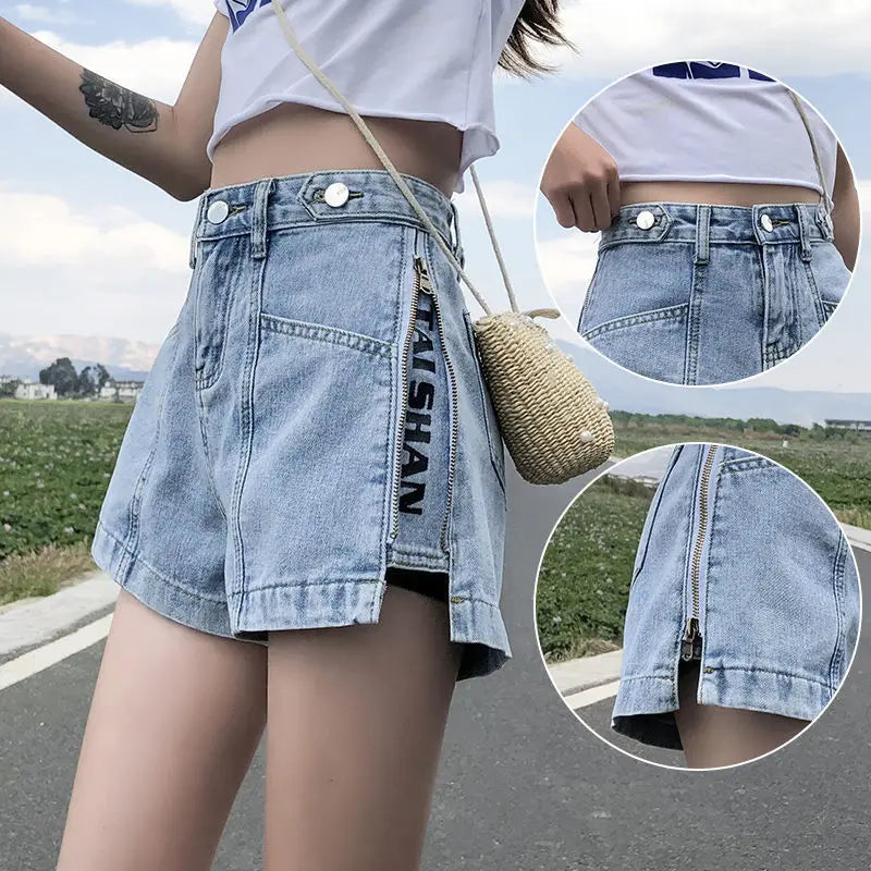 Denim Shorts Women Summer Hole High Waist A-line All-match Wide Leg Female Short Pants Fashion Loose Zipper Letter Streetwear