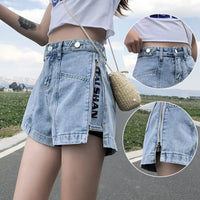 Denim Shorts Women Summer Hole High Waist A-line All-match Wide Leg Female Short Pants Fashion Loose Zipper Letter Streetwear