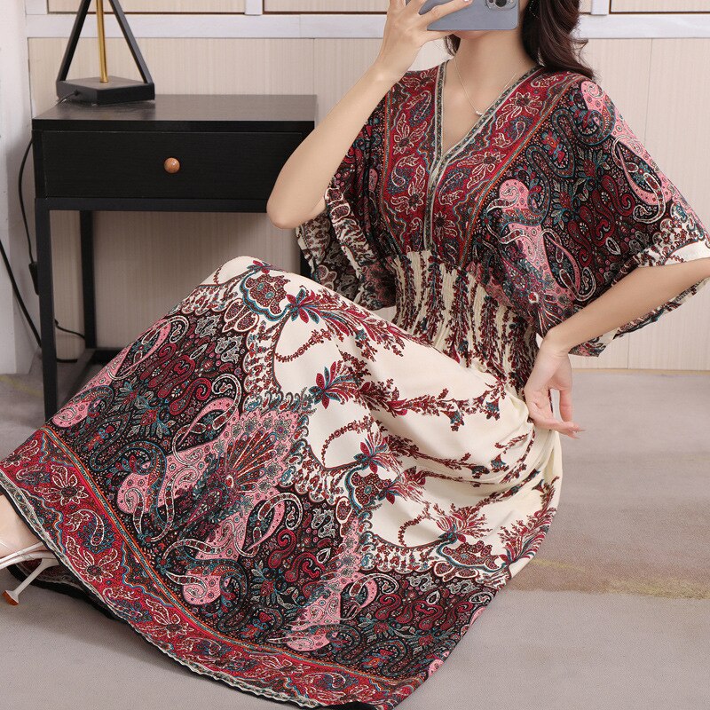 Summer Poplin Dresses Women Round Neck Puff Short Sleeve A Line Print Dresses Ethnic Style Tight High Waist Long Dress 2023