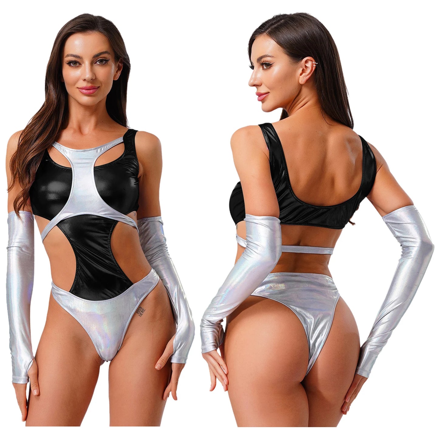 Women Metallic Shiny Bodysuit with Fingerless Long Gloves Contrast Cut Out Leotard for Halloween Cosplay Astronaut Alien Costume