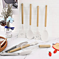 White Food Grade Silicone Kitchen Cookware Utensils Turner Spatula Spoon Wooden Handle Practical Cooking Tool Kitchenware Set