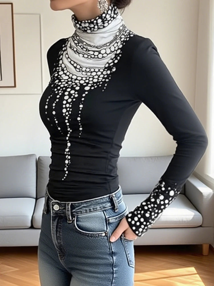 Gymystars Long Sleeve T Shirt Skinny Printed Tops for Women New Autumn High-Neck Slim Fit Clothes Black Wear Base Layer Outside