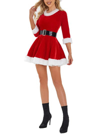 Christmas Dress for Women Santa Cosplay Costume Plush Trim Velvet Round Neck 3/4 Sleeve Belt Dress with Hat