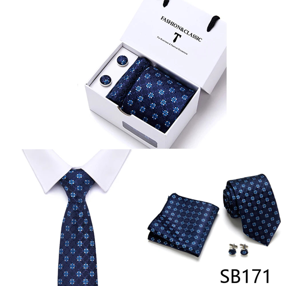 High Quality 7.5 cm Stripe Blue Tie Pocket Square Cufflinks Set For Men Gift Box Wedding Gravatas Fit Workplace