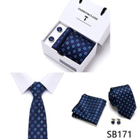 High Quality 7.5 cm Stripe Blue Tie Pocket Square Cufflinks Set For Men Gift Box Wedding Gravatas Fit Workplace