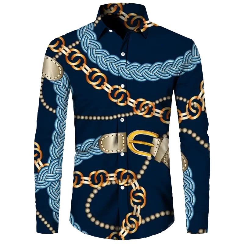 Fashion Luxury Golden Flower Print Men's Shirts Baroque Style Short/Long Sleeve Lapel Button Up Tops Social Hawai Party Cardigan