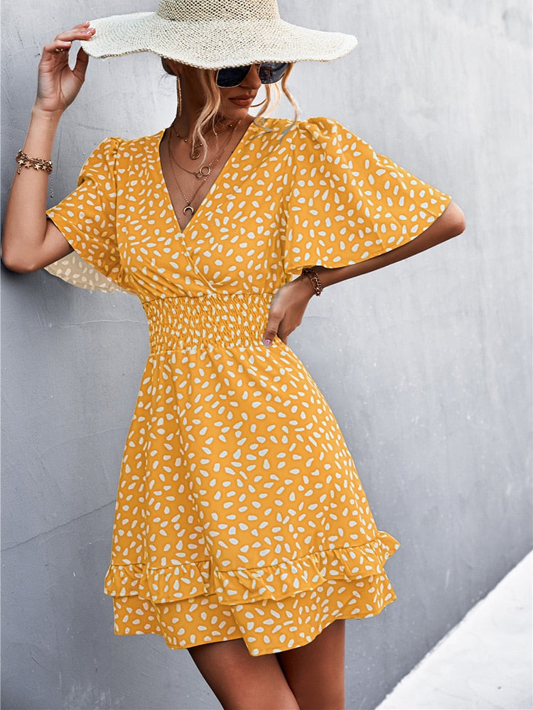 Sexy V Neck Mini Dress For Women Fashion Floral Slim Short Dresses Female Lotus Leaf Sleeve Elegant Dress Summer Vestido Mujer