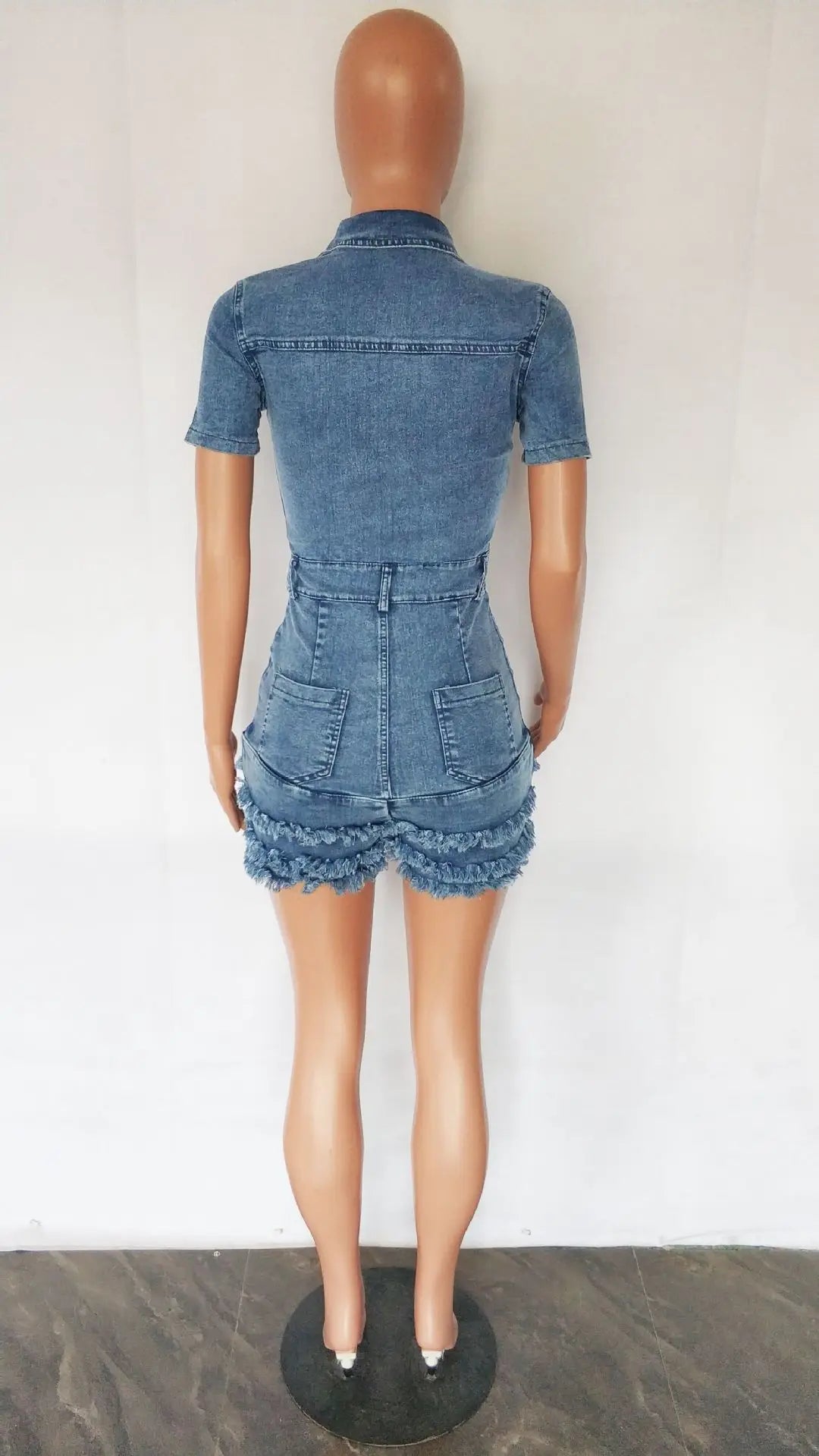 Fashion Denim Fringe Tassel Playsuit Romper Summer Button Turn-down Collar Short Sleeve Skinny Shorts Jumpsuit Women One Pieces