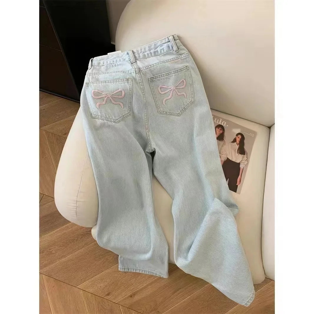 2024 Blue Jeans for Women High Quality High Waist American Wide Leg Pants Bow Embroidery Y2K Vintage Straight Summer Trousers