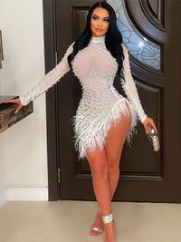 Sexy Glitter Dress Women Rhinestone Hot Drilling Long Sleeve Dress Mesh See Through Tassels Bodycon Party Club Night Mini Dress