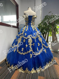 Delicate Off Shoulder Quincenera Sparkly Ball Gown Golden Appliqued Prom Party Robe De Soiree Celebrity 15 Ans Vestidos Fiesta