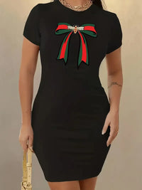 Summer women's bee bow pattern printed casual bag buttocks slim fit short sleeved round neck T-shirt mini dress