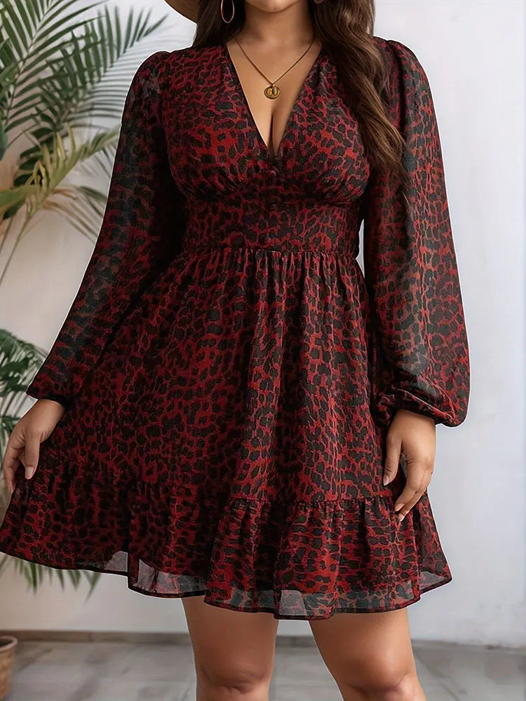 New Sexy V-Neck Leopard Print Long-Sleeve Dress Plus Size Women Clothing American Slim A-Line Skirt Elegant Party Evening Dress