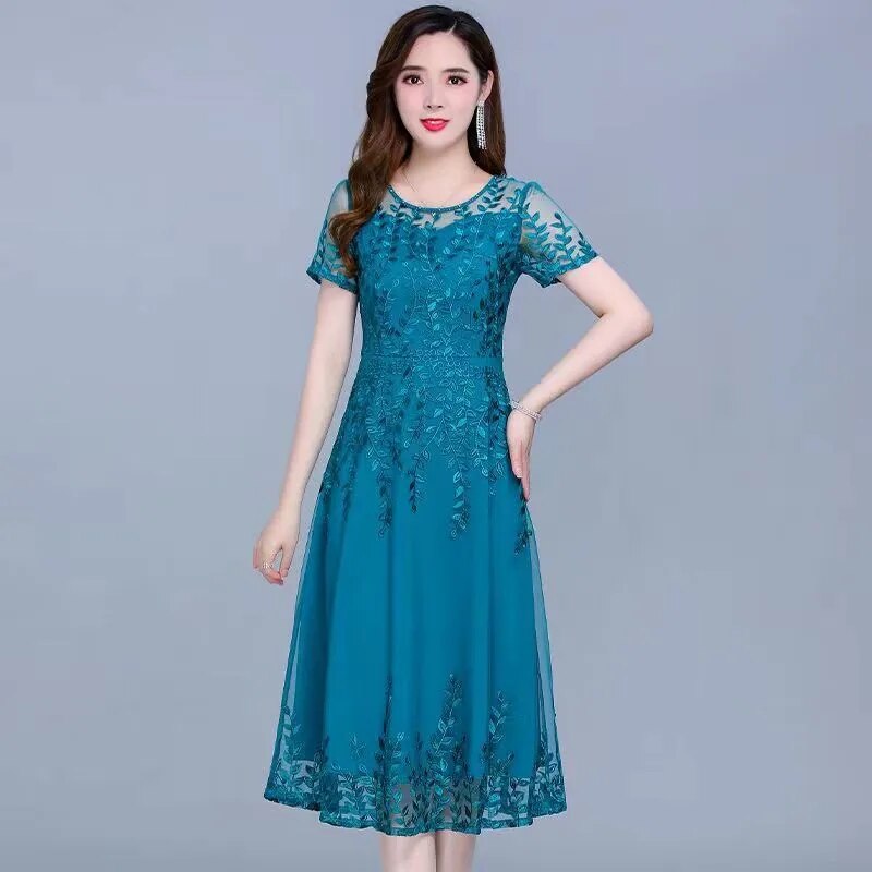 M-5XL Plus Size Women Dress Temperament Embroidery Graphic Elegant Dresses Female Knee Skirts Retro Thin Summer Dignified