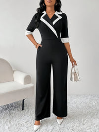 Women's Jumpsuit Contrast Trim Lapel Collar Half Sleeve Wrap Front Elegant Spring Summer Office Work One Piece Romper