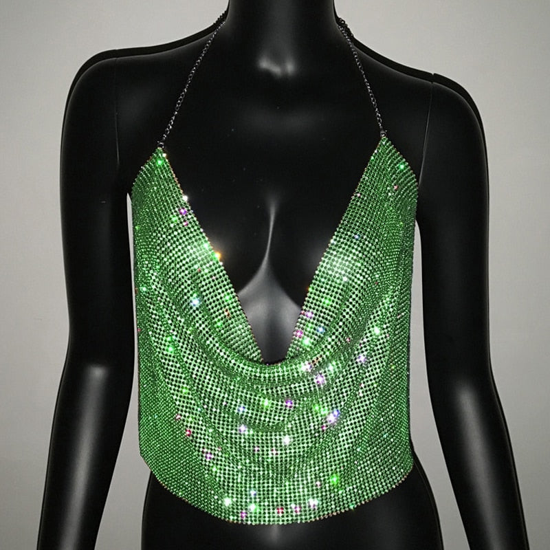 Sexy Style Backless Metal Chain Rhinestone Tank Top Spaghetti Strap Deep V Hollow Out Handmade Crystal Diamonds Vest Nightclub