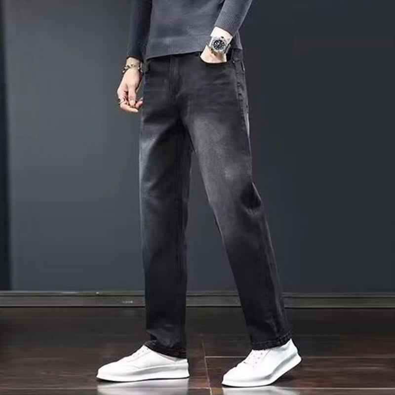 2025 New Men Fashion Loose Straight Elasticity Jeans Male Wear-Resistant Look Taller Denim Pants Smart Casual Dark Gray Trousers