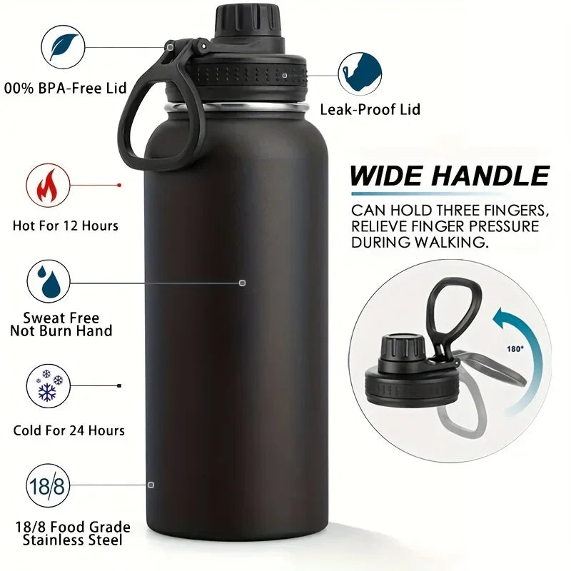 1pc Stainless Steel Insulated  1000ml/32oz Leakproof Water Bottle Double Wall Vacuum Thermal Drinkware Cup Perfect For Outdoor