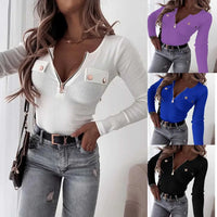 Y2K women's fashion simple slim top new V-neck long-sleeved casual T-shirt elegant zipper autumn and winter threaded knitted top