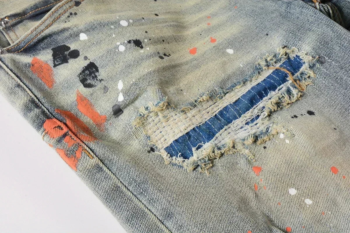Men's Skinny Denim Jeans 2025 New Streetwear Distressed Painted Repair Low-Rise Brand Pants for Casual Style