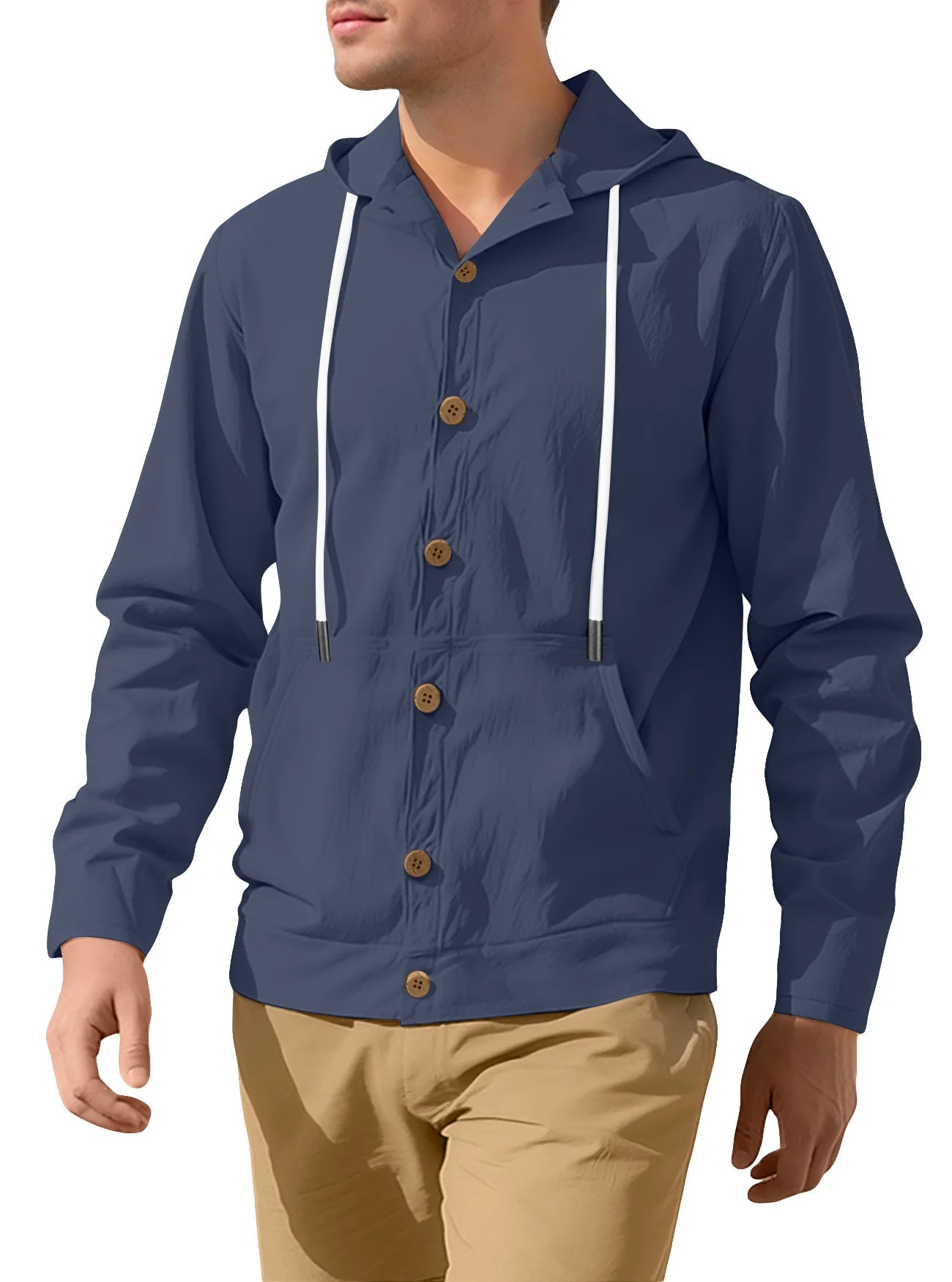 European and American Men's Button-up Shirt Loose Cotton Linen Casual Simple Beach Hooded Long-sleeved Jacket