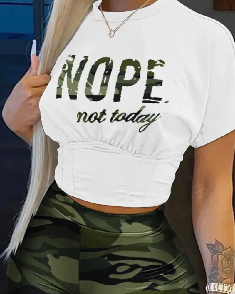 Casual O-neck Short Sleeve T-shirt Shorts Set Office Lady Summer Letter Print Tops Solid Shorts Two Piece Set Women Outfit 2024