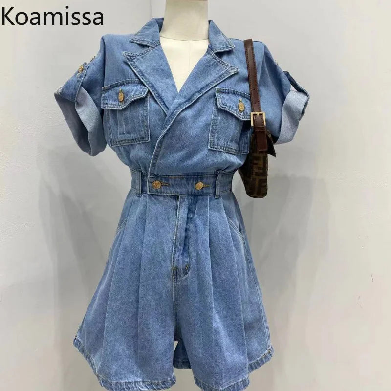 Koamissa Fashion New Women Denim Jumpsuits Ladies Short Sleeves Summer Jeans Rompers Waist Slim Causal Loose A Line Playsuits