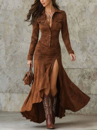 Elegant Retro Solid Color Dress For Women Spring Autumn Fashion New Lapel Button Long Sleeve Asymmetric Big Hem Long Dress