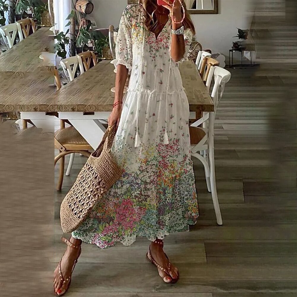 Sexy Bohemian Beach Maxi Dress Woman Summer V Neck Print Boho Elegant –  Mega Mart Center