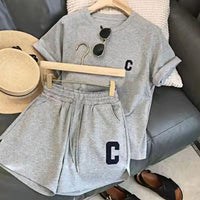 2025 women t-shirt shorts set Summer Tracksuit O Neck Letter Print Short Sleeve T-shirt Drawstring Shorts Sport Clothes