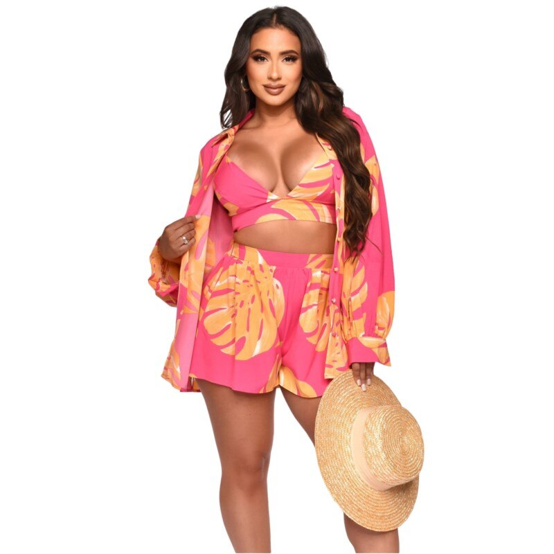 Beach Clothes Women 2023 Swim Cover Up Summer Dress Suit New Sexy Print Sides Three Piece Solid Polyester Pareo Saida De Praia