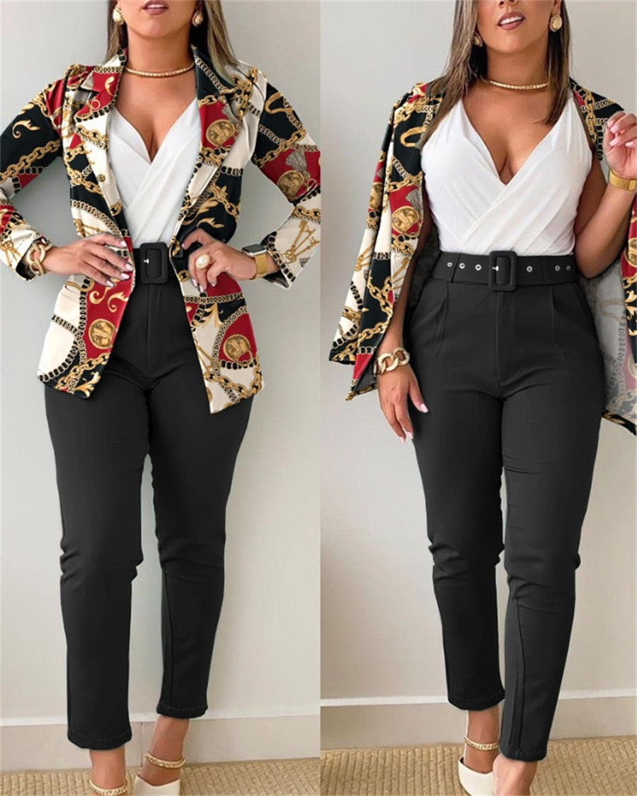 Two Piece Set Women Formal Office Suit with Belt Slim Elegant Pant Sets Autumn Long Sleeve Blazer Floral Print Women's Outfits