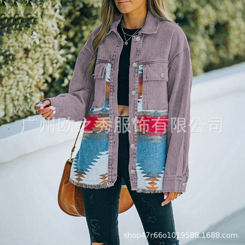 Autumn and Winter New Polo Neck Pocket Denim Panel Wool Coat Women's Vintage Jacket