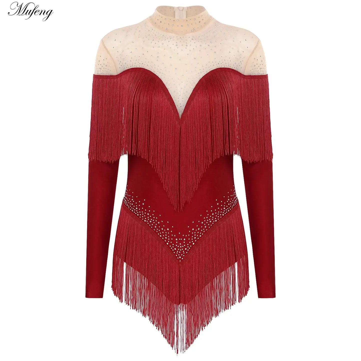 Rhinestone Tassel Leotard Dress for Women's Latin Jazz Dance Performance Clothes Ballroom Fringed Jazz Samba Tango Dresses