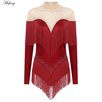 Rhinestone Tassel Leotard Dress for Women's Latin Jazz Dance Performance Clothes Ballroom Fringed Jazz Samba Tango Dresses