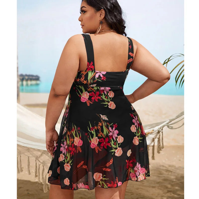 2022 New Large Size 8XL Women modest Swim Dresses Flower Printing Plus-Size Swimsuit Padded One Piece Swimwear Bathing Suits