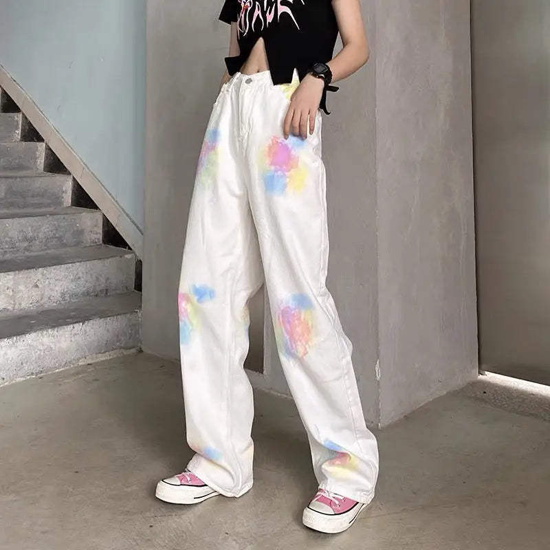 Baggy Jeans Y2k Wide Jeans for Women Trend Tie Dye Straight Printed Women's Summer Trousers Vintage Hippie Denim Pants Patchwork