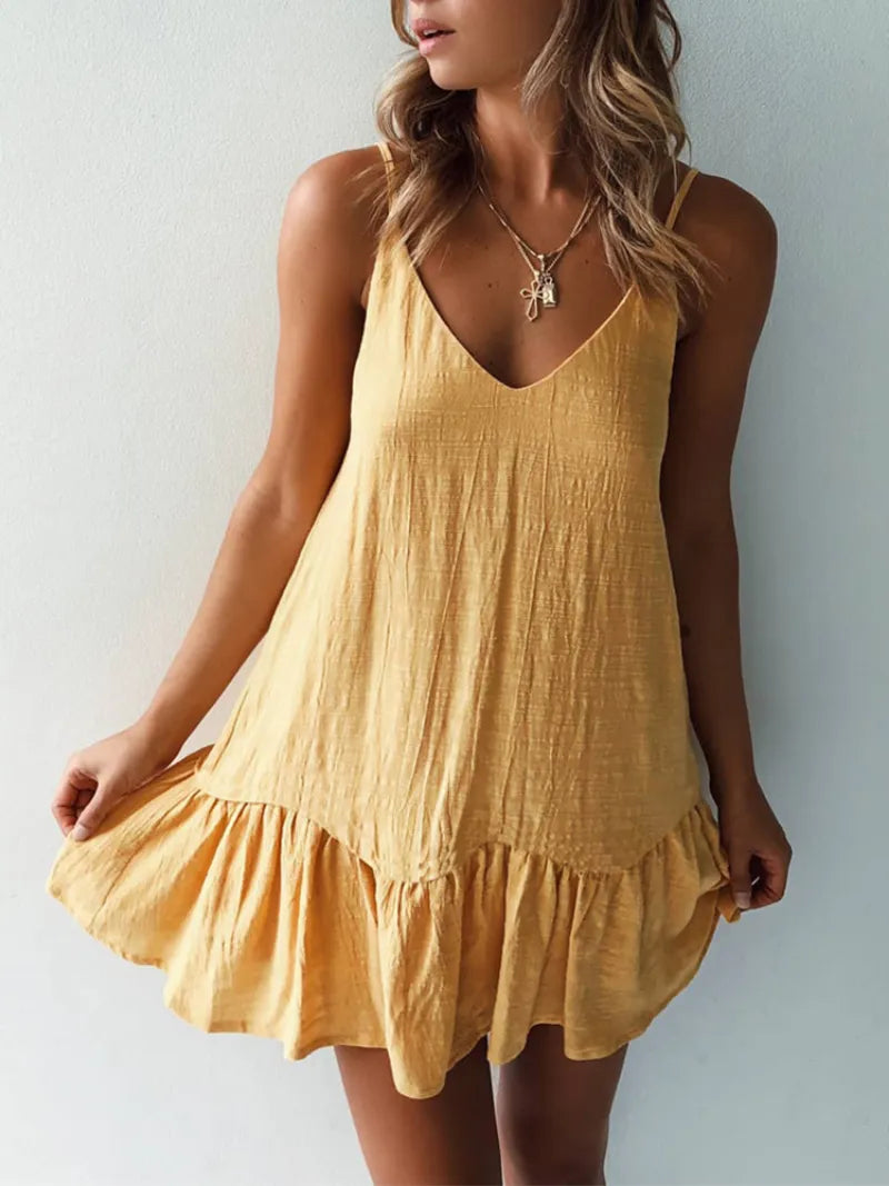 Women Summer Spaghetti Strap Ruffles New in Dress Sleevesless Party Sundress Loose Casual Chic Dresses Soild Beach Vestidos 2023