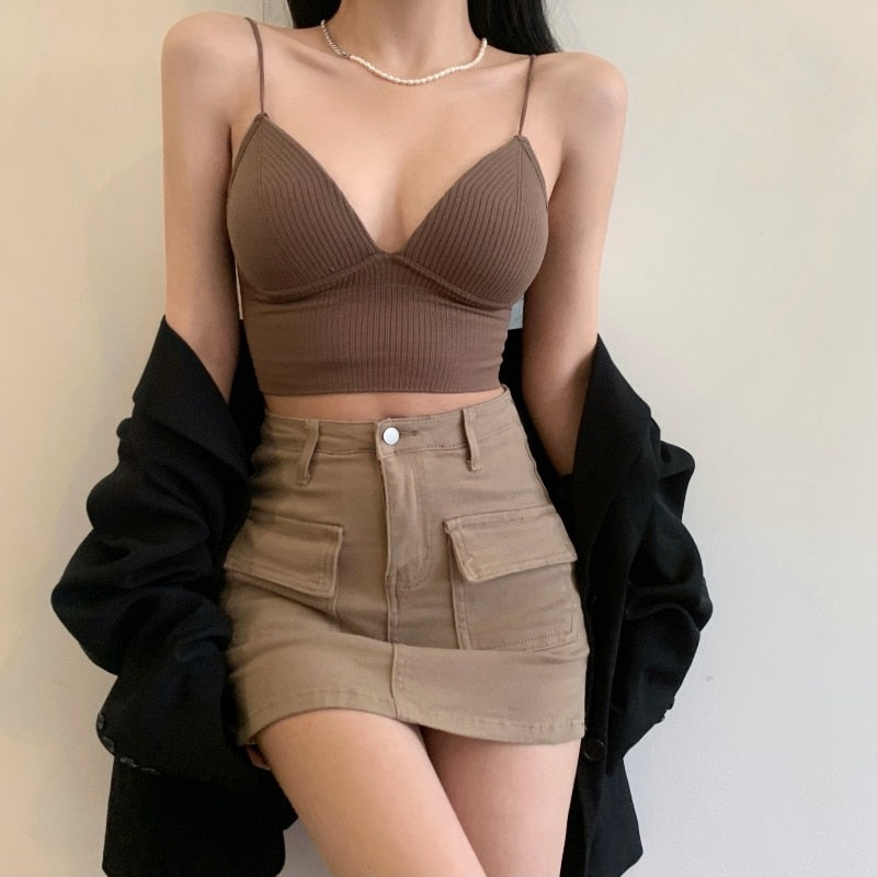 Women Seamless Crop Top Underwear Wire-Free V-Shaped Camisole Thin Straps Striped Solid Bralette Lingerie One-Piece Tube Tops