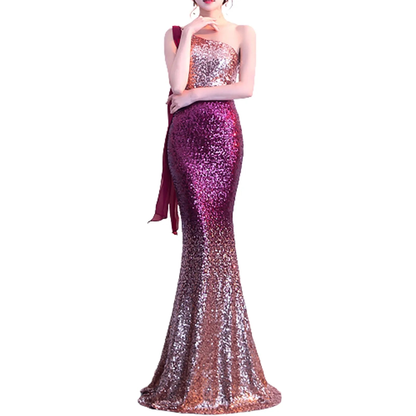 One Shoulder Prom Ladies Fishtail Dress Gradient Sequin Long Evening Gown  Party Prom Women'S Cocktail Dress Elegant Vestidos