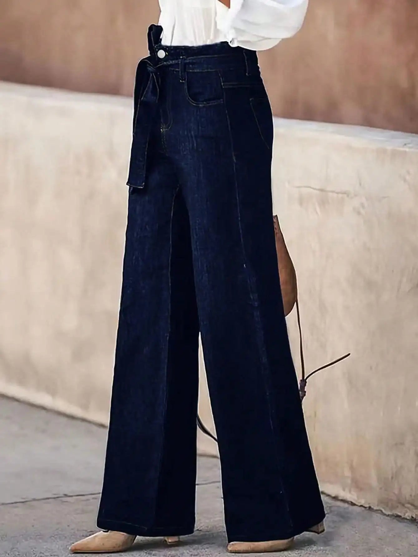 Women's Wide Leg Denim Jeans with Belt - Stylish and Comfortable Loose Fit Trousers for Everyday Wear