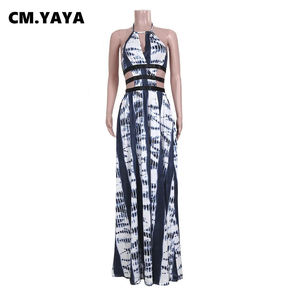 CM.YAYA Party Dress Women Print Sleeveless Halter Back Bandage Hollow Out Floor-length Dress Office Lady Elegant Dress Summer