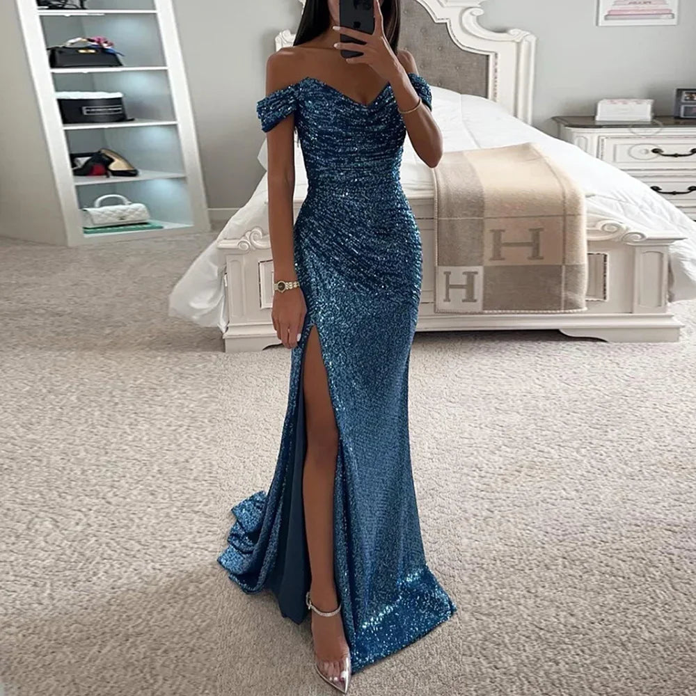 New Women Vintage Sequined V Neck Off Shoulder Slim Sexy Split Long Dress Evening Party Maxi Dresses Party Sequin Dress