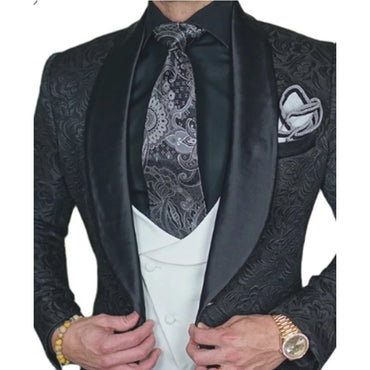 Tailor-Made Burgundy Wedding Men Suits Slim Fit Tuxedo 3 Pieces Suits Groom Prom Jacquard Blazer Terno Masculino Suits