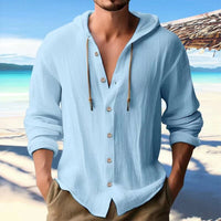 Men's Solid Linen Long Sleeve Hooded Shirt Casual Streetwear Button Top Loose Fit Cardigan Clothing for Men