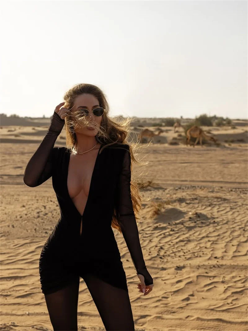 Blifanbo Sexy Deep V Mesh Long Sleeve Jumpsuit  Women Autumn Double Layer Patchwork Ruched Bodycon Jumpsuit Rompers New 2025