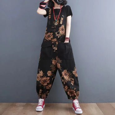 Women's Nine Split Jeans Overalls, Casual Female Print Jumpsuit, Loose Bloomers, Oversized Rompers, Suspenders, Fashion, Spring,