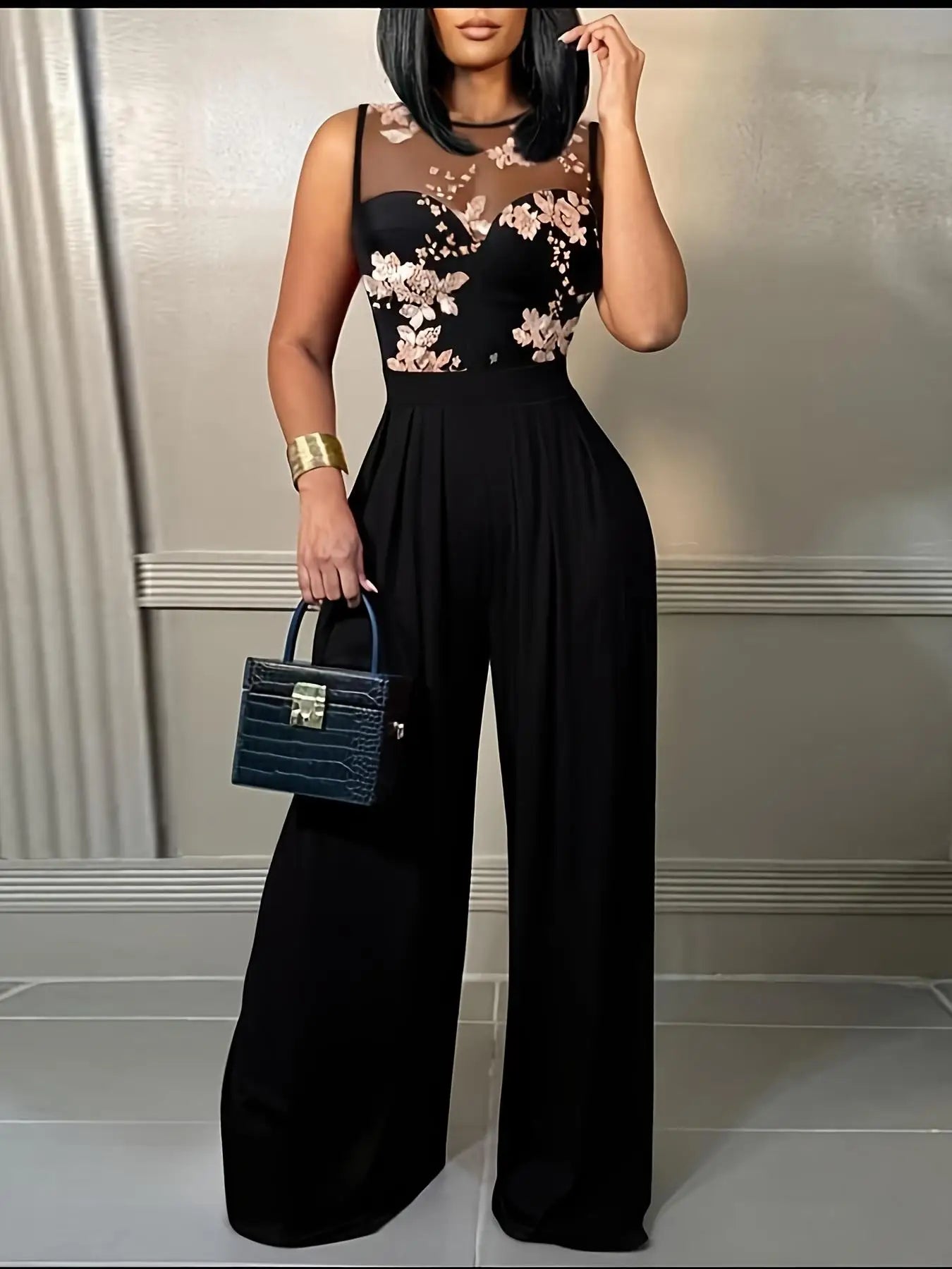 Women's Black Jumpsuit with Sheer Floral Embroidered Top Wide Leg Design Ideal for Evening Galas Cocktail Parties Formal Events